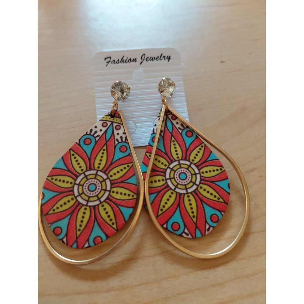 Boho Teardrop Mandala Print Wood and Gold Tone Frame Dangle Statement Earrings